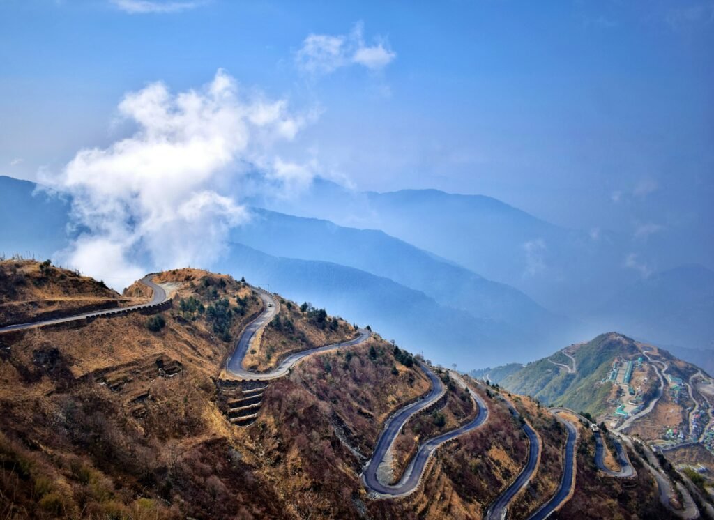 Winding mountain road through the Sikkim hills